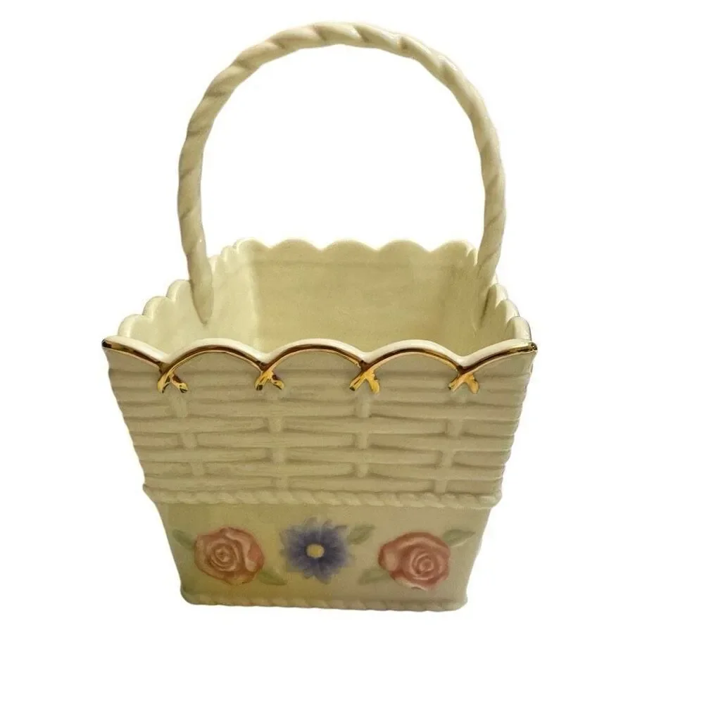 Lenox Porcelain Ivory Spring Garden Basket Blue Pink Floral 3D Butterfly Gold